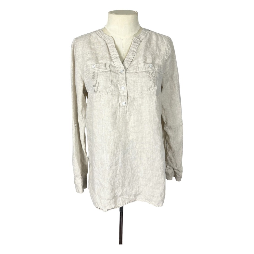 Talbots Womens Oatmeal Beige 100% Linen Pintuck Henley Tunic Top Size S